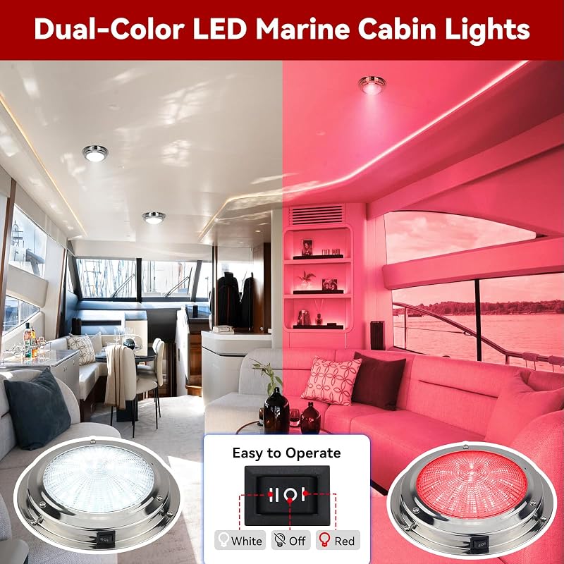 5.5 Inch 12V Dual-Color LED Boat Dome Light with Toggle Switch - White & Red