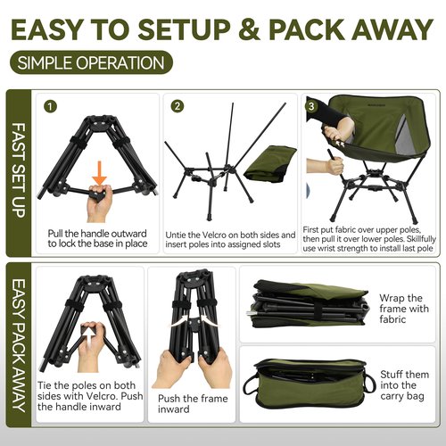 MARCHWAY Lightweight Folding Camping Chair, Portable Foldable Compact for Outdoor Camp, Travel, Beach, Picnic, Festival, Hiking, Backpacking, Supports 330Lbs (Green)