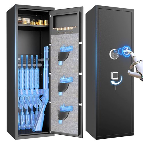 Large Biometric Gun Safe for Rifle & Pistol - Quick Access Tall Gun CabinetHolds 10 Rifles & 3 Pistols with LED Light & Ammo Storage, Fingerprint Lock, Home & Commercial Use (55"H, Black)