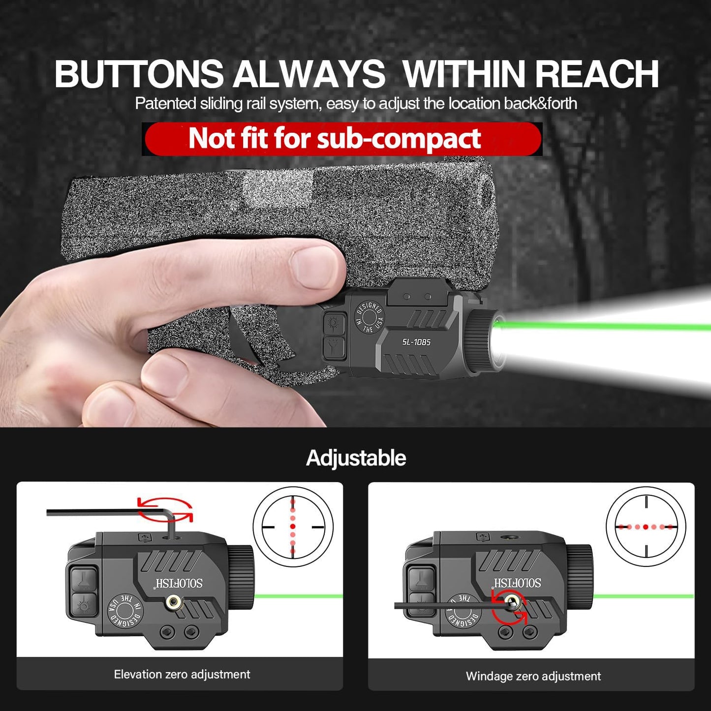 Solofish 800 Lumens Pistol Light Laser Combo with Adjustable Rail