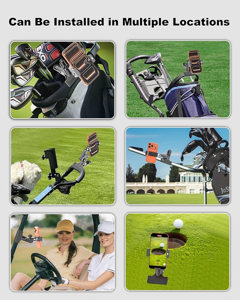 All-Metal Golf Bag Phone Holder – 360° Adjustable, Secure Clip