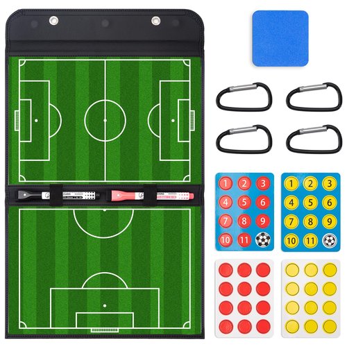 WISYOK Leather Covered Magnetic Soccer Lineup Board, Foldable and Portable Clipboard for Coaches with 48 Cards, 2 Markers, 4 Hooks and 1 Organizer Bag