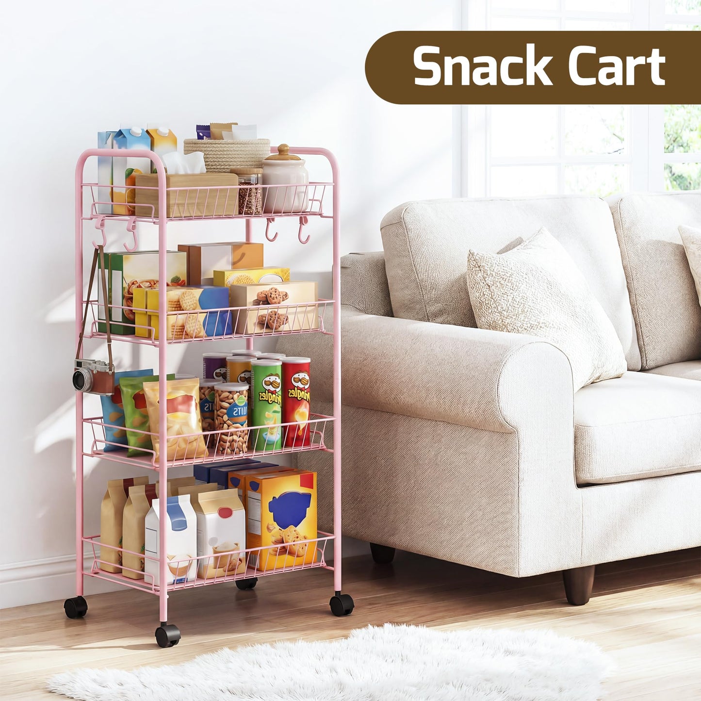 PLKOW 4-Tier Rolling Utility Cart with Detachable Baskets, Pink