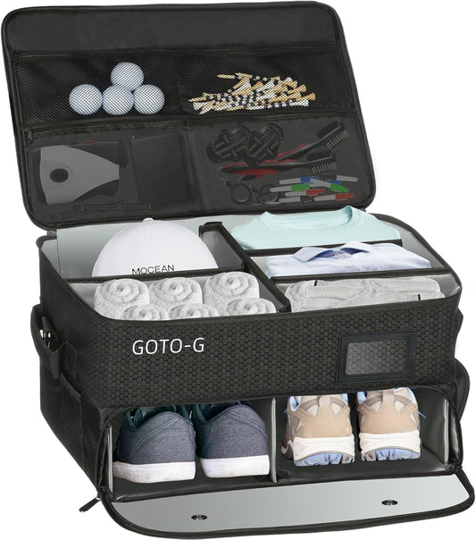 3 Layer Golf Trunk Organizer for 2 Pair Size 13 Shoes, Large Capacity, Gifts for Men with Waterproof Separate Ventilated Storage for Accessories, Balls, Tees, Clothes, Gloves (Black)