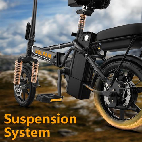 VOLPAM Electric Bike for Adults, Foldable Ebike 500W Motor, 14" Electric Bicycle with 499.2/749Wh Removable Battery, Up to 22MPH, 35 Miles(PAS Range), Front & Rear Suspension Commuter E Bikes
