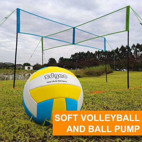 Zdgao Four Way Volleyball Net 14ft x 14ft Height Adjustable 4 Square Volleyball Badminton Outdoor Set for Backyard Lawn Beach Game Play | Come with Soft Volleyball, Hammer and Carry Bag