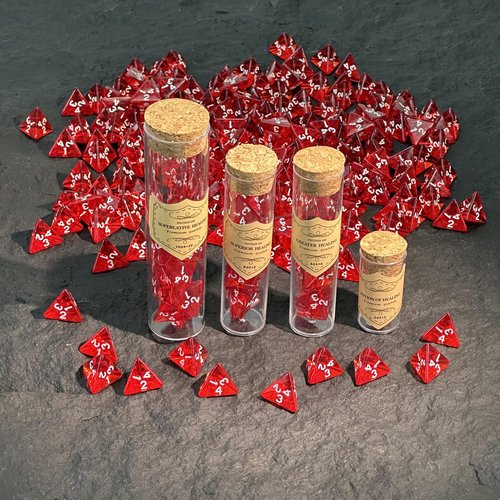 FourDragons 24 Pcs Red D4 Dice with 4 Pcs Healing Potion Bottle, Roleplaying D4 Polyhedral Dice Set Compatible with Dungeons and Dragons D&D RPG MTG Table Games