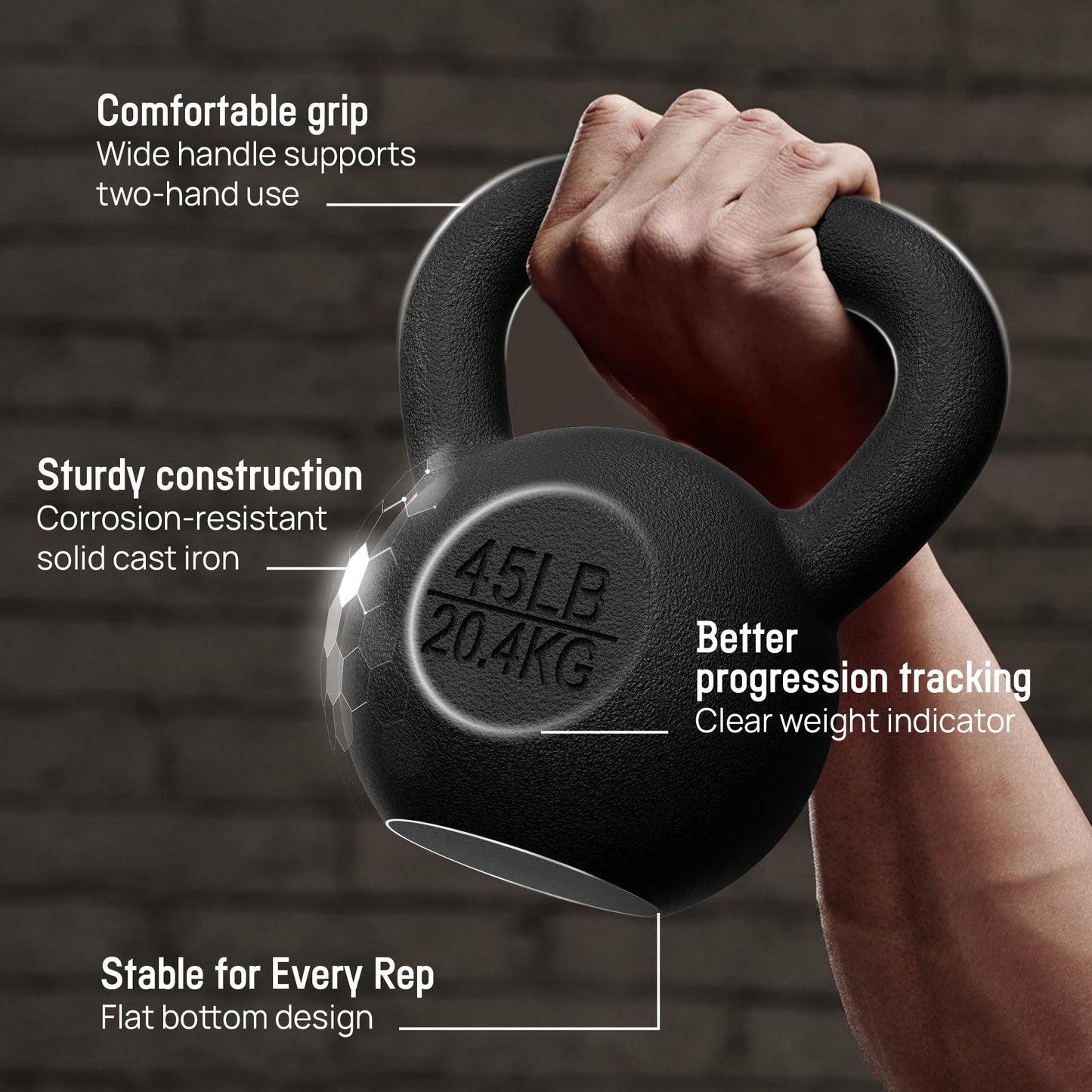 Yes4All Cast Iron Kettlebell, 5-80 Lb Built to Last One-Piece Design, Comfortable 1–2 Hand Grip for Swings, Squats, Deadlifts & Snatches, Stable Flat Base, Single & Pair - 50LB, Single