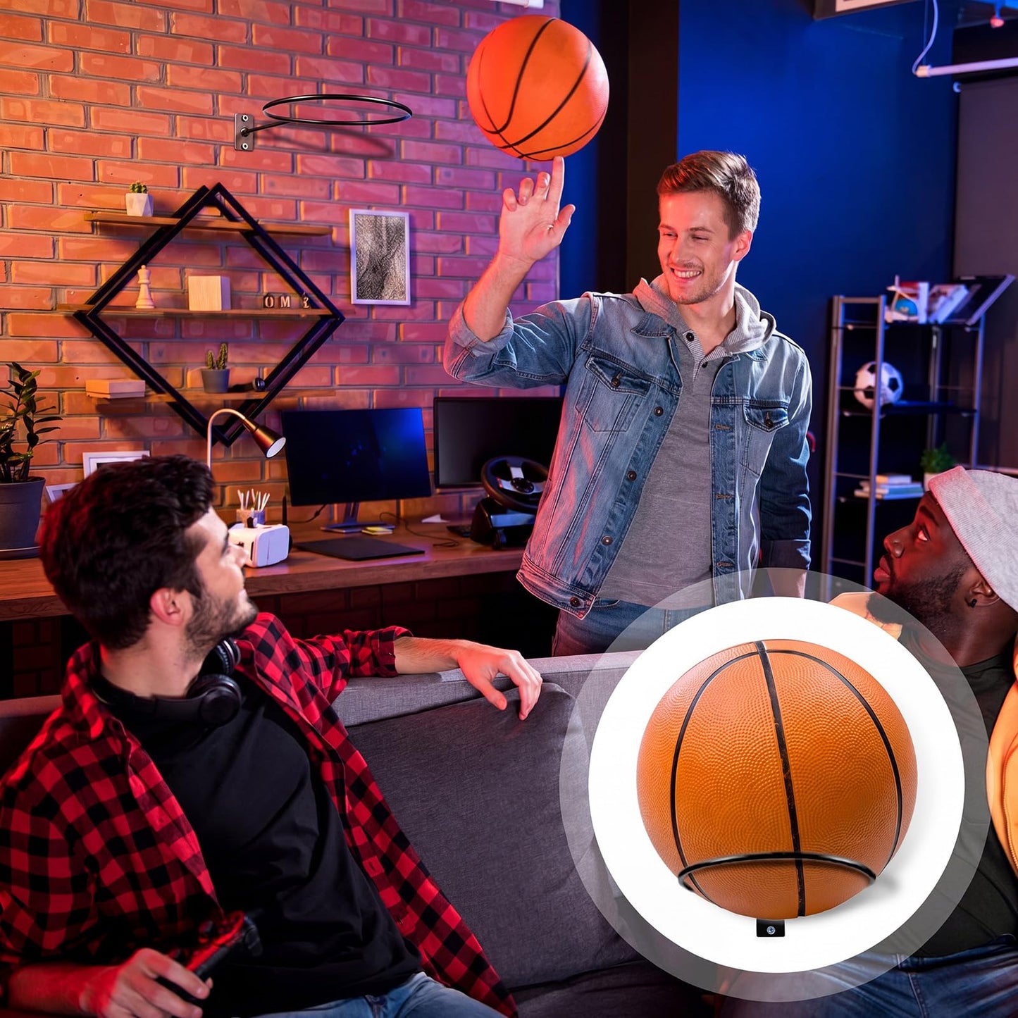 Threan 4 Pieces Basketball Holder Wall Mount, Sports Ball Storage Display Rack for Basketball Football Volleyball Soccer, Metal Black Ball Holder, Room Decor Saver Storage Display