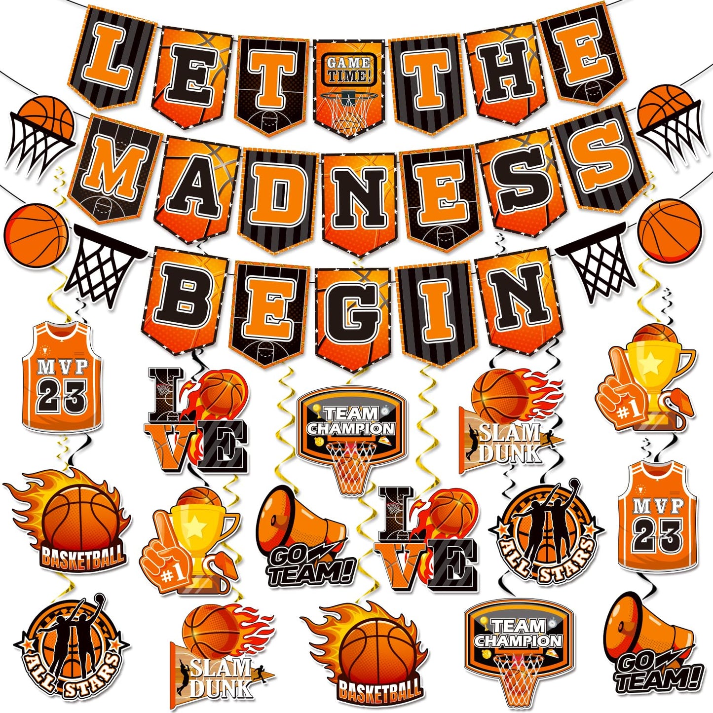 Biswiter No-DIY Basketball Party Decorations, 1 Pc Basketball Theme Banner and 16 Pcs Cutouts, Basketball Decorations for Party Classroom Stadium