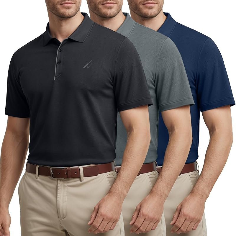 4-Way Stretch Mens Golf Polo Shirt UPF 70+ Regular Fit - Variation: Black/Grey/Navy+Large