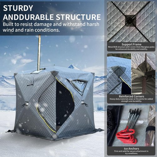TENPLAY Portable Pop Up3-4 Person Ice Fishing Shelter,Fully Insulated Winter Ice Fishing Shanty,Sauna Tent with 3-Layer Thermal Hub,Windproof,Warm,All-weatherr,with CarryBag,Ice Anchors,Rain Cover