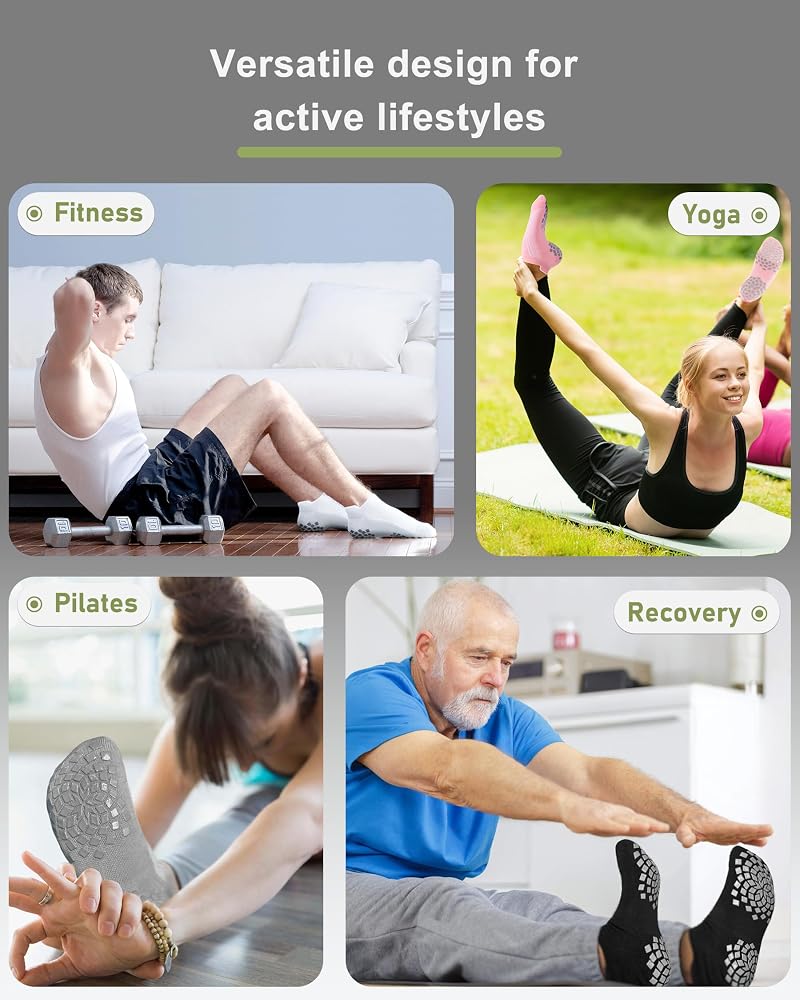 Pilates Grip Socks Cushioned Slipper Non-Slip for Women Men White Large