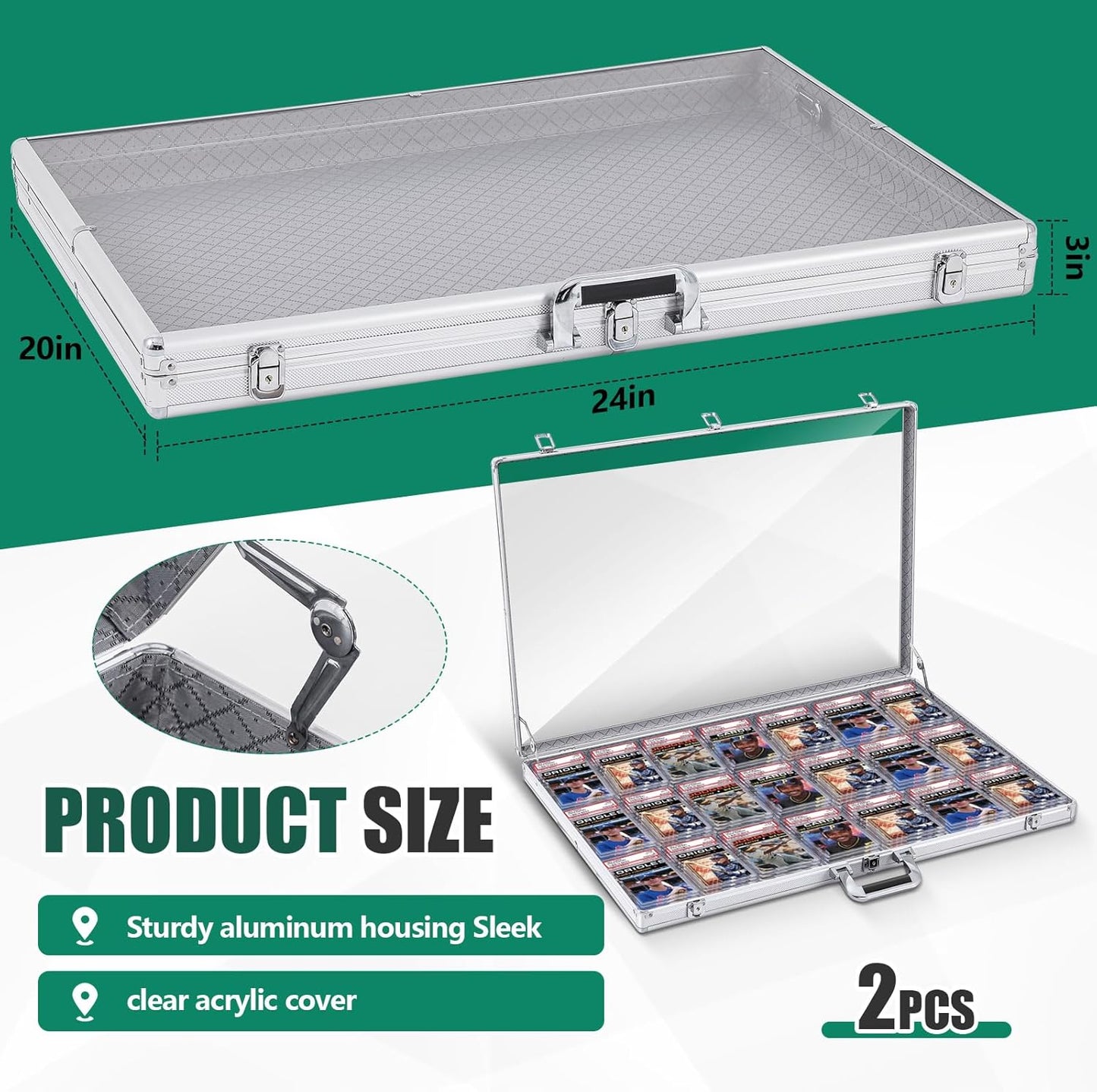 2 Pcs Aluminum Glass Display Case for Cards Trade Show Table Top Portable Sport Card Case with Clear Acrylic Showcase with Lock for Jewelry Craft Collector(32.7 x 22.1 x 3 Inch,Silver)