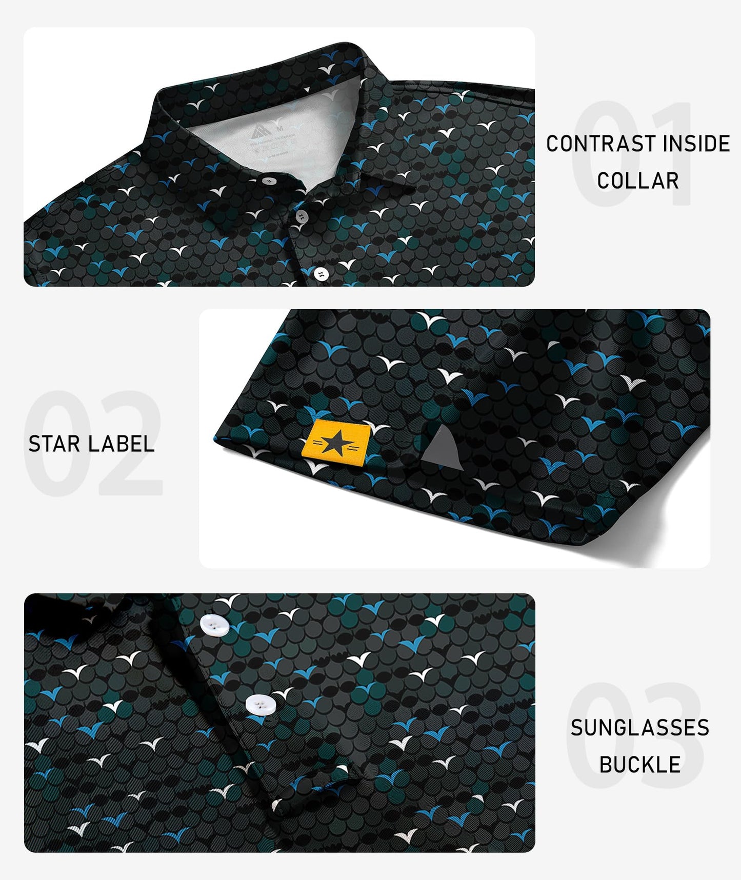 ZITY Mens Golf Polo Shirts Short Sleeve UPF 50+ Performance Moisture Wicking Print Pattern Casual Collared Golf Shirt for Men Lake Blue Large