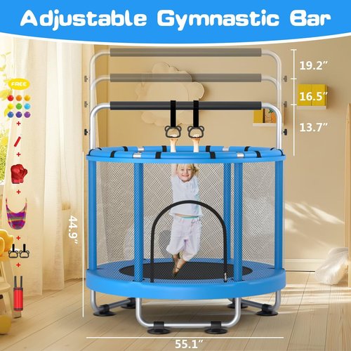 ZCMHAXJ 55" Trampoline for Kids with Enclosure, 440lbs Capacity Indoor & Outdoor Toddler Trampoline with Adjustable Gymnastics Bar & Toys, Gifts for Boys & Girls