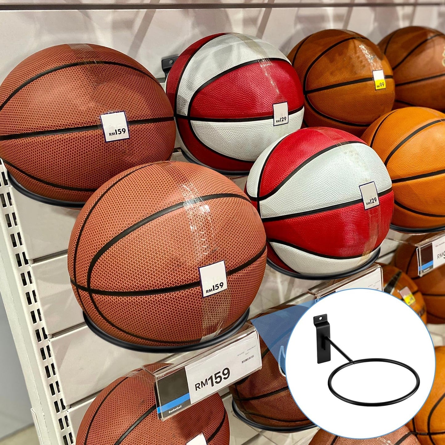 Gisafai 6 Pcs Basketball Holder Wall Mmount Slatwall Metal Ball Storage Multi Function Ball Holder Universal Basketball Display Rack for Sport Football Volleyball Soccer Display(Black)