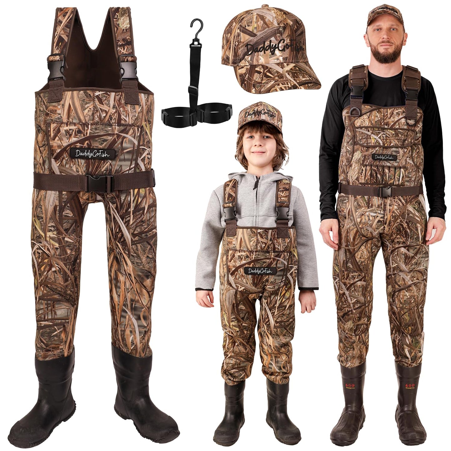 DaddyGoFish Neoprene Chest Waders for Kids and Adults, BootFoot, Fishing & Hunting with a Camouflage Caps, and a Wader Hanger
