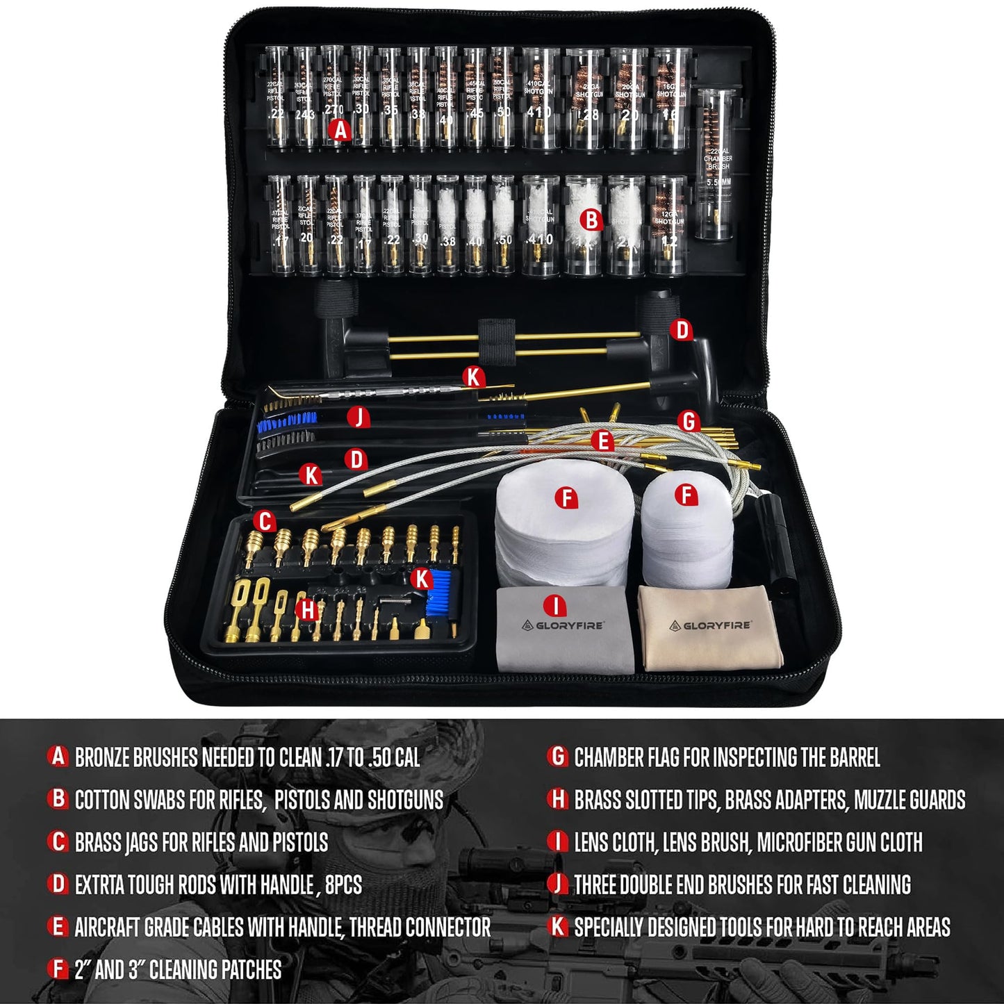 GLORYFIRE Universal Gun Cleaning Kit for Handgun Shotgun & Pistol,Elite Gun Cleaning Set with High-end Brass Brushes, Mops, Jags, Reinforced Rods and Gun Cleaning Snake&Ropes