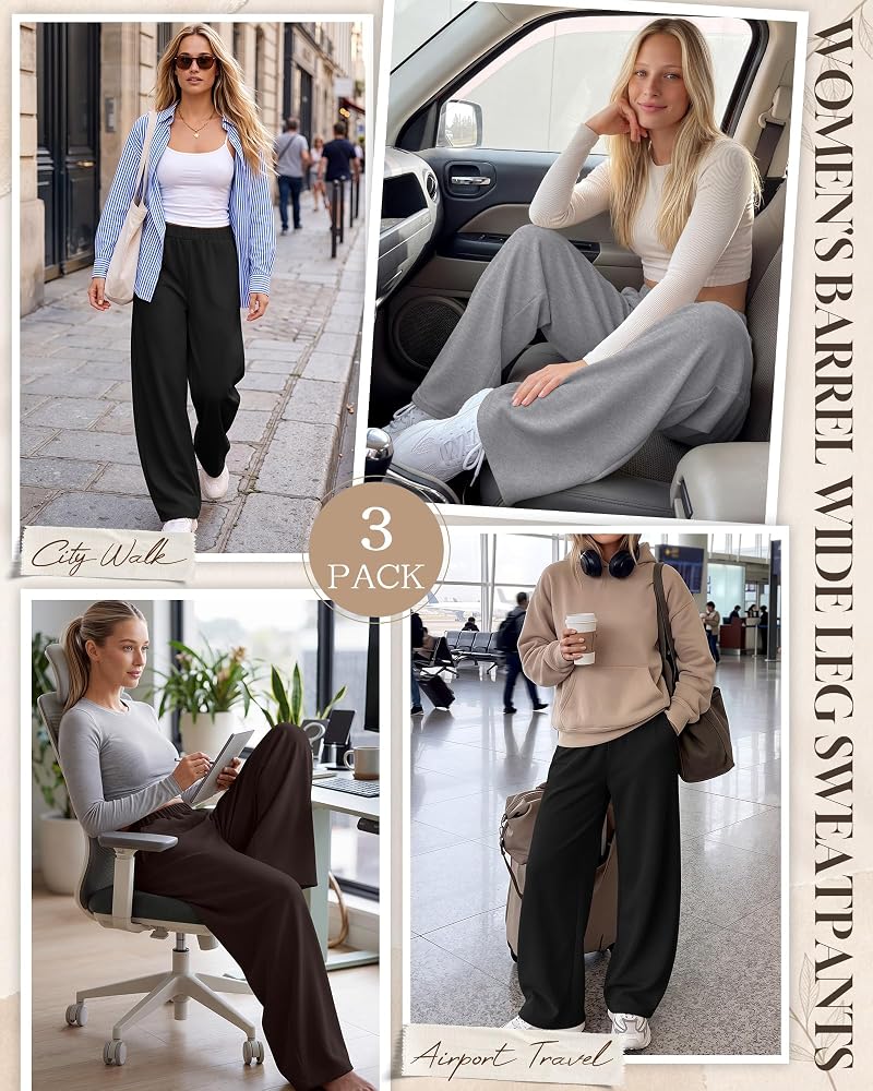 Huukeay 3 Pack Women's Barrel Sweatpants - Black, Light Gray Mixed, Dark Brown | Elastic Waist, Pockets