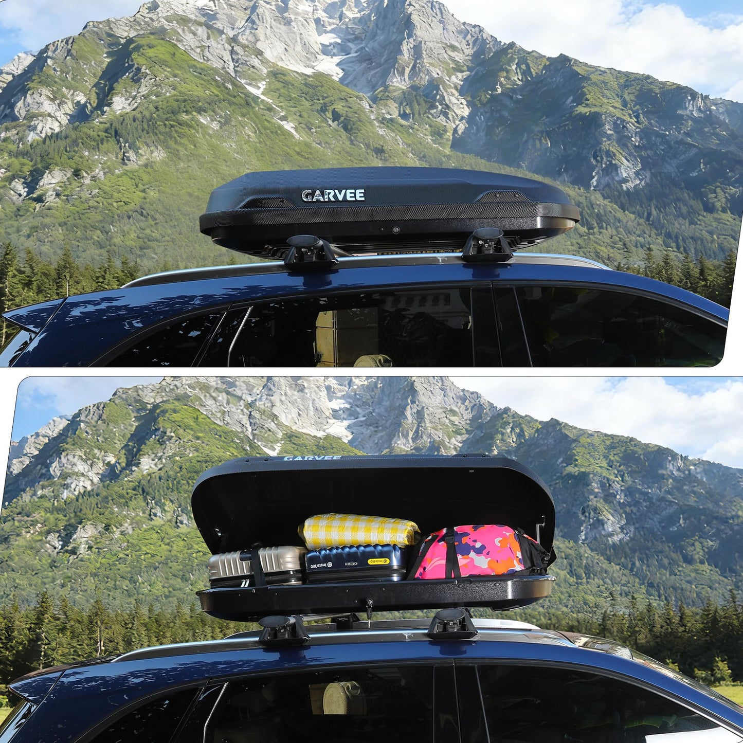 Garvee Rooftop Cargo Box Carrier, Dual-Side Opening Vehicle Hard-Shell Carriers, Roof Mount Travel Luggage Storage, 135 LBS Weight Capacity with Secure Straps&Keys, Black (11.5 Cubic)