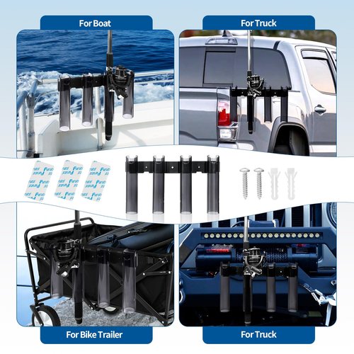 e-jades Fishing Rod Holder Wall Mounted for Boat, Yacht, Garage Side Storage Tool, 4 Tube Rod Rack, Fishing Pole Rod Holder, Storage for Fishing Poles, Pliers, Filet Knives & Gear, Man's Gift