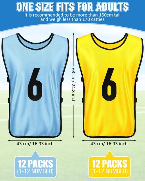 Yahenda 24 Pcs Sports Pinnies Soccer Scrimmage Practice Vests Numbered Soccer Team Pennies with Belt for Adult(Large,Gold, Sky Blue)