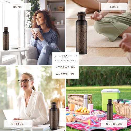 Pure Copper Water Bottle - Indian Handmade Ayurveda Healing Benefit Water Bottle for Drinking, Travel, Hiking, Gym, Office, Outdoor - Antique Finish - 950 ML