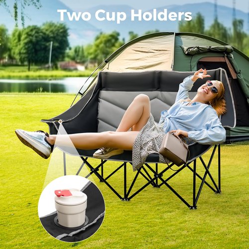 Dovov Outdoor Oversized Folding Double Camping Chair for Adults Heavy-Duty Fully Padded Portable Camping Couch Loveseat with 2 Cup Holders Support 600 lbs for Beach, Lawn, Backyard, Campsites, Patio