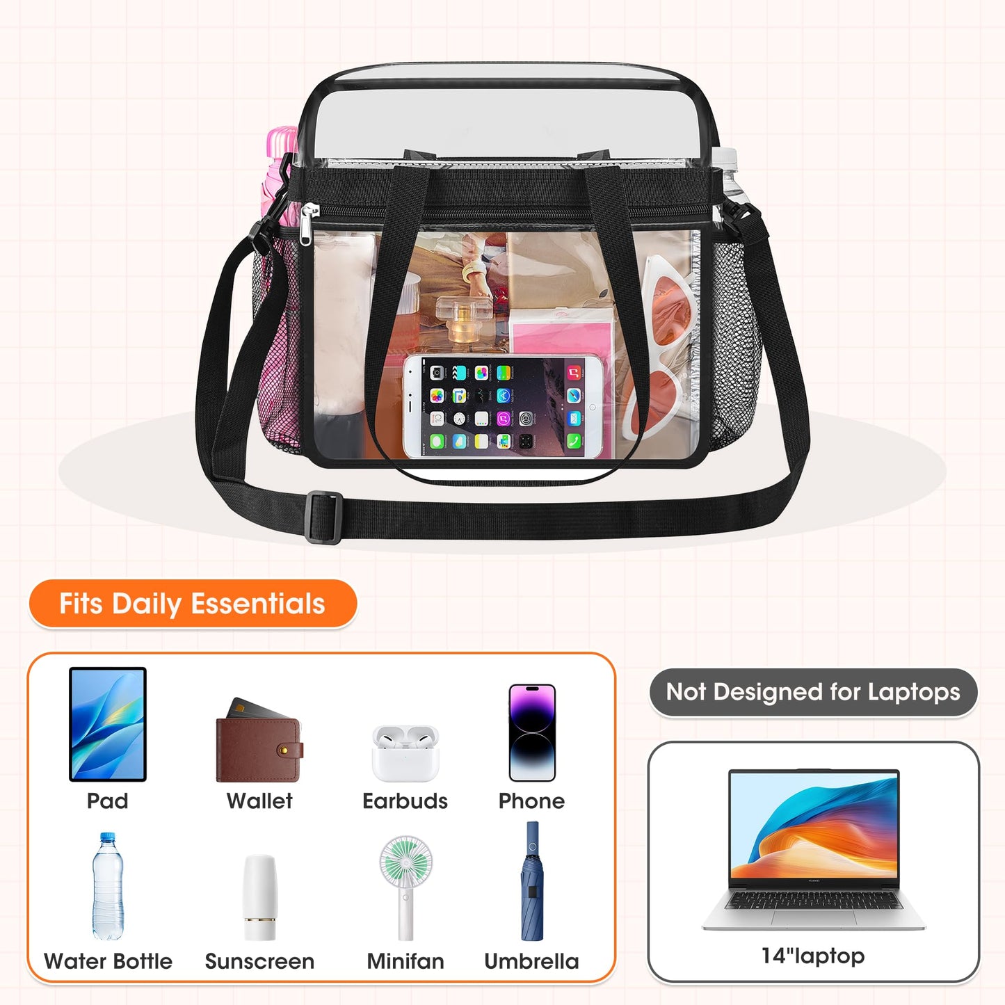 Oraben Clear Tote Bag Clear Bag Stadium Approved 12x6x12 Stadium Bag for Work, Sports Games,Gym Black,One Pocket