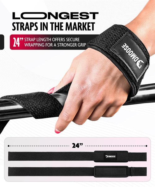 DMoose Lifting Straps, 24-inch (Pair) Wrist Straps for Weightlifting, Deadlift, Powerlifting, Bodybuilding Gym Workout, Neoprene Padded Support Cotton Strap for Max Hand Grip (Black)