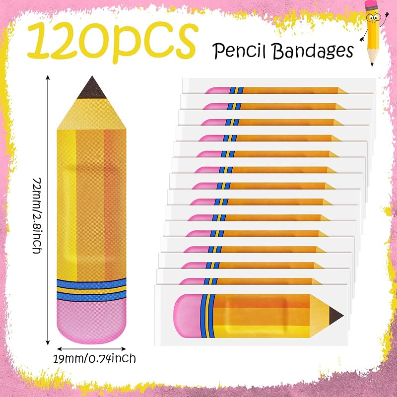 Pencil Design Adhesive Bandages - 120 Pack for Kids, Classroom Gift