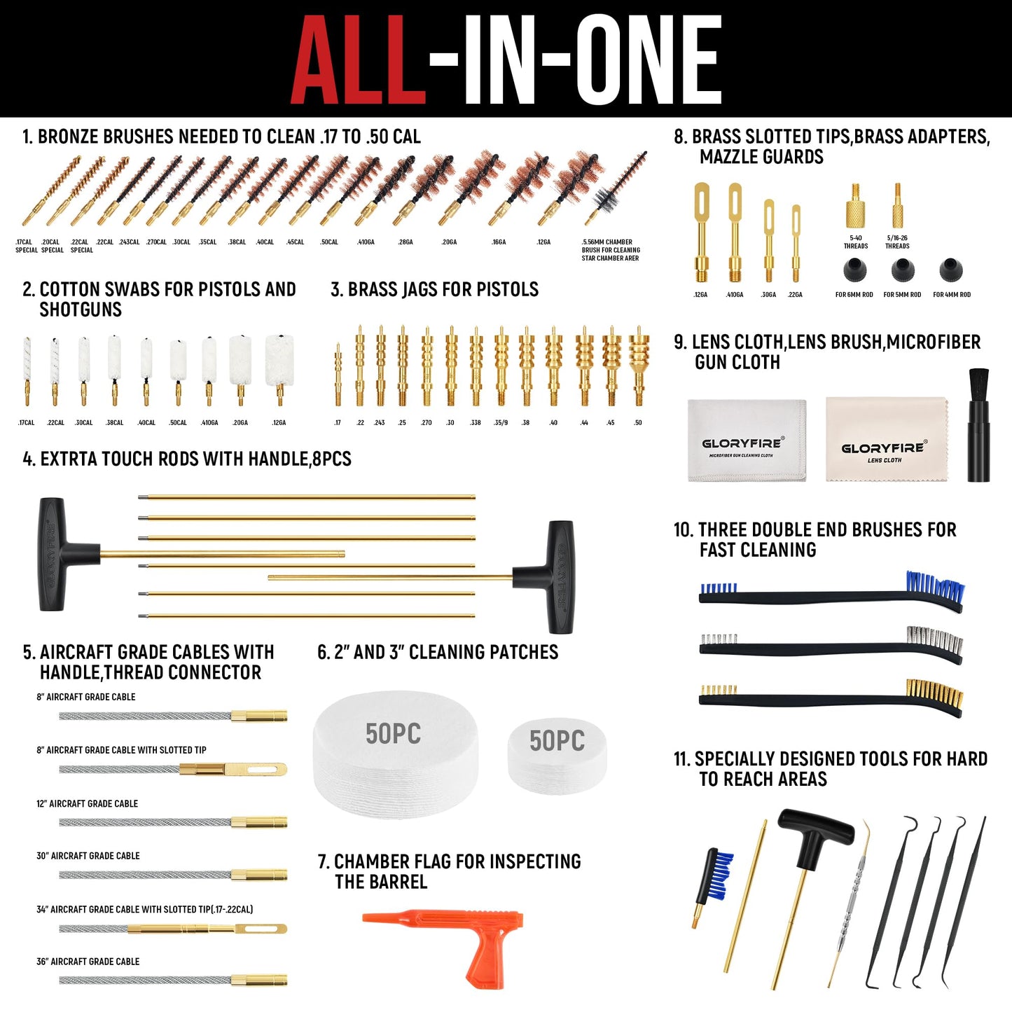 GLORYFIRE Universal Gun Cleaning Kit for Handgun Shotgun & Pistol,Elite Gun Cleaning Set with High-end Brass Brushes, Mops, Jags, Reinforced Rods and Gun Cleaning Snake&Ropes