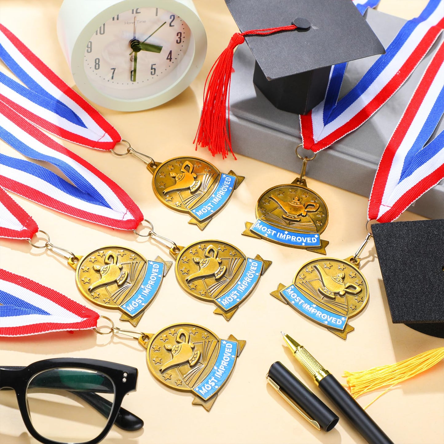 Loetere 20 Pcs Academic Excellence Medals Bulk 2.4 inch Reading Gold Medals with Neck Ribbons Metal Trophy Award Prize Gifts for Adult Book Lover Competitions Party(Most Improved)