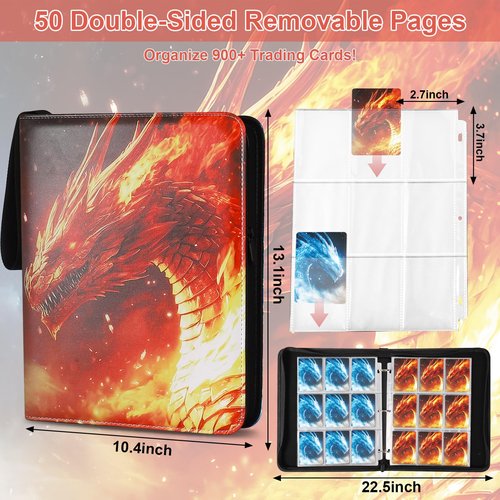 Gbchais Fire & Ice Dragon 9 Pocket Trading Card Binder Album, Holds 900 Cards with 50 Removable Double-Sided Sleeves, Waterproof PU Leather Zipper Binder for TCG, MTG, Sports Cards