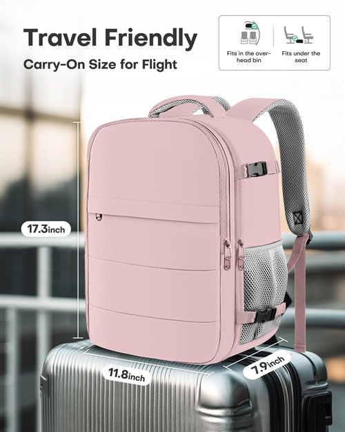 HOTOR Travel Backpack - Flight Approved Travel Bag for Men and Women, Carry on Luggage for 15.6" Laptop and Travel Essentials for Work, Business, Weekender, College 11.8"x7.9"x17.3" (Pink)