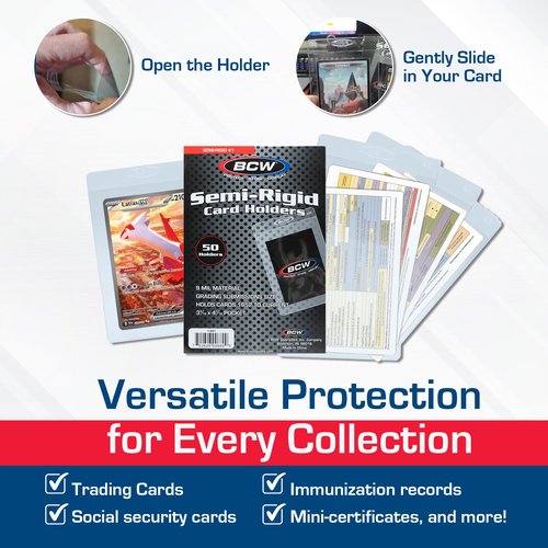 BCW Semi Rigid Card Holder #1 | 100 Pack | Semi Rigid Card Sleeves for Grading | PSA Submission Card Savers I for Sports, Pokémon, and Memorabilia Cards