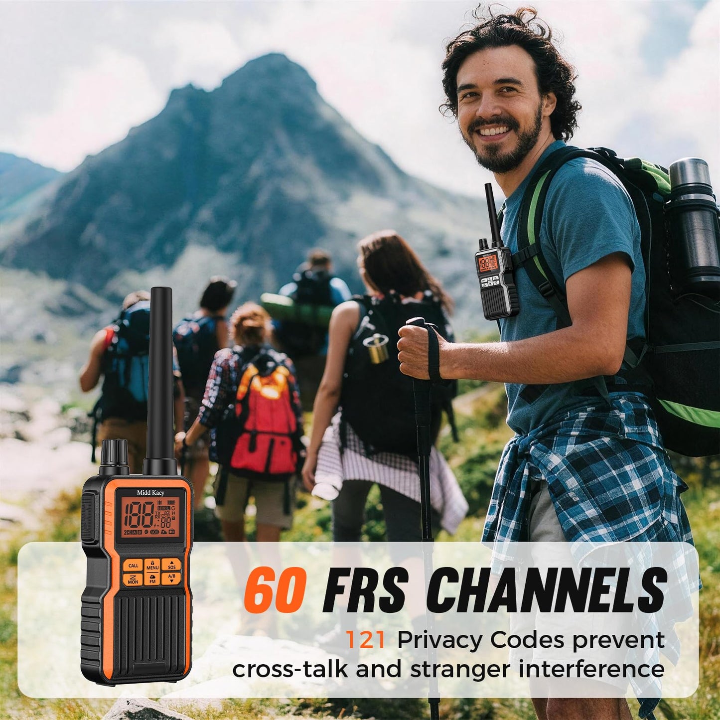 Midd Kacy Walkie Talkies Long Range, 60 Channel GMRS Portable Hunting Waterproof 2 Way Radio with 121 Privacy Codes, SOS, NOAA Weather Alerts, VOXChannel Scanning, 2 Pack (Black/Orange)