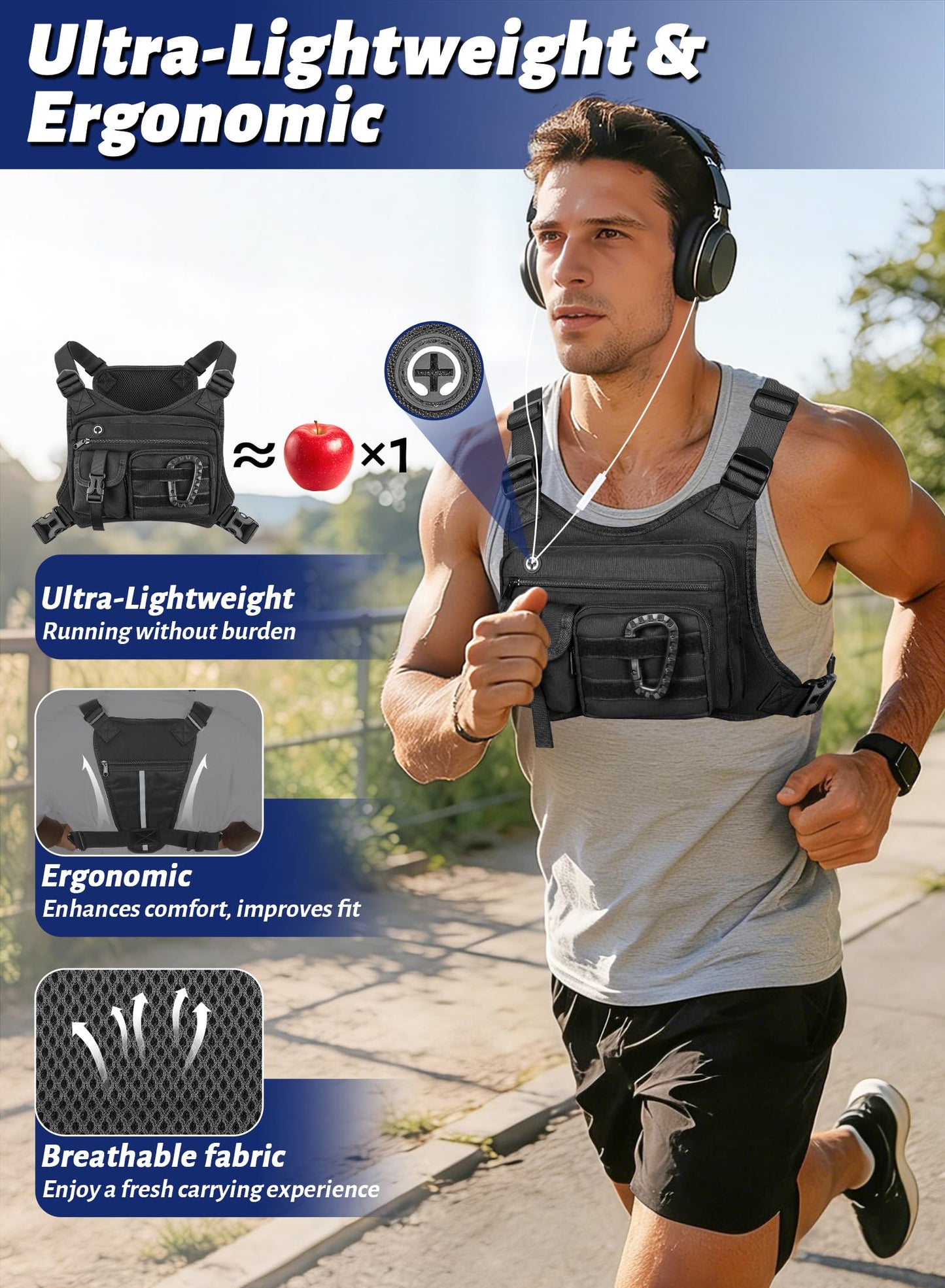 Chest Bag for Men Women, Running Chest Pack for Outdoor Sport, Reflective Lightweight Utility Front Chest Backpack Vest for Workouts, with Phone Window for Jogging Skiing Cycling Marathon (Black)