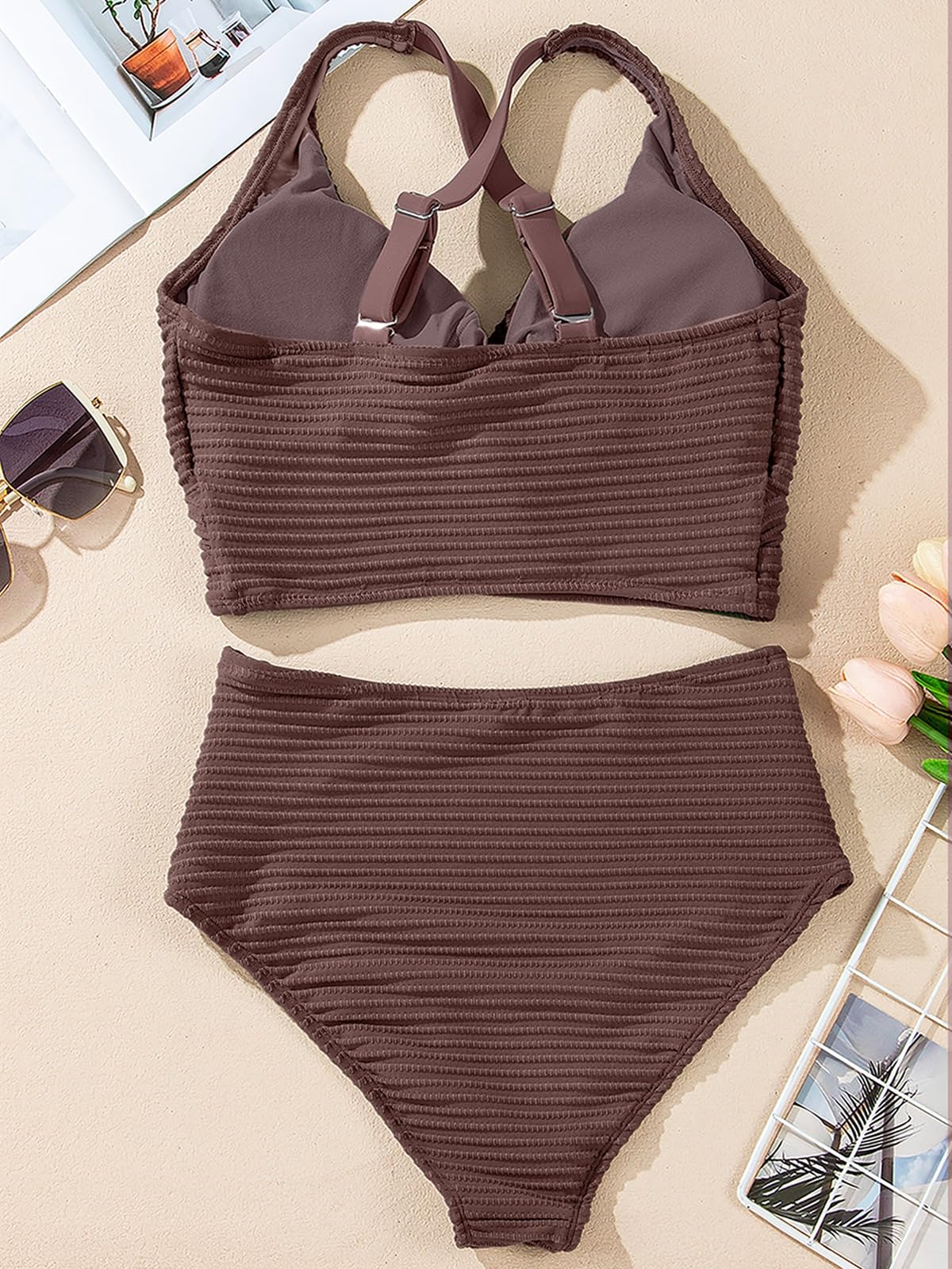 Herseas Textured Bikini Sets for Women 2026 Summer V Neck Top 2 Piece Swimming Suit High Rise Bikini Bottom Tummy Control Bathing Suit Slimming Resort Wear Dark Brown Medium