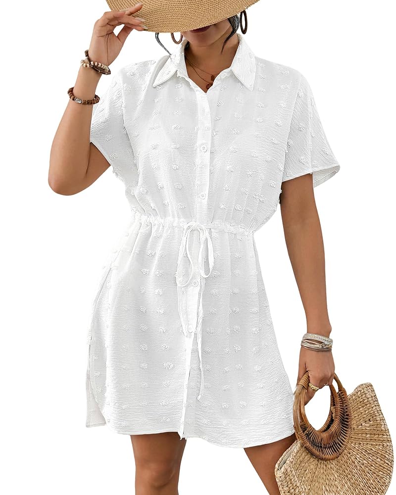 Bsubseach White Small Button-Front Swim Cover Up Dress