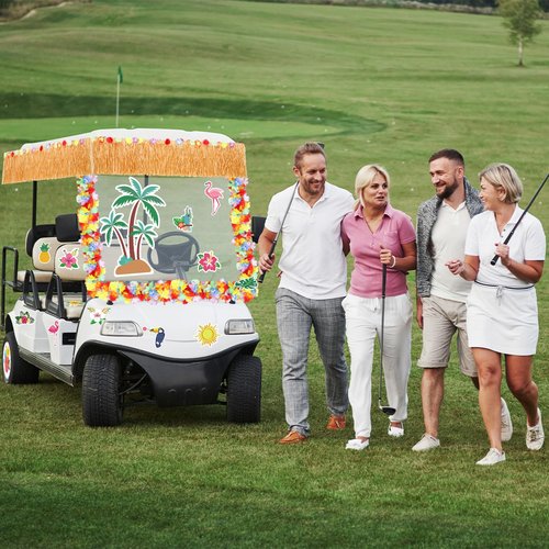Zeyune 19 Pcs Summer Parade Golf Cart Decorations Kit Hawaiian Luau Grass Fringe Banner 19.7 ft Plastic Flower Lei Garland Summer Luau Stickers for Golf Cart Summer Theme Decorations