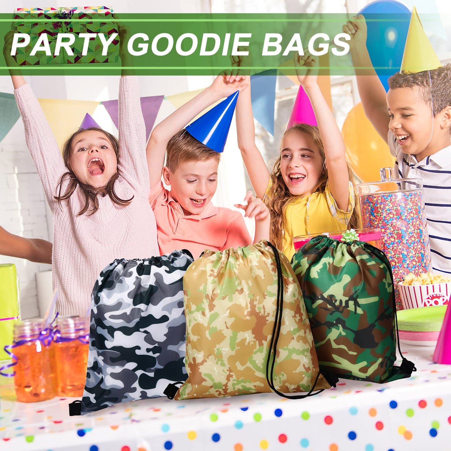 Frienda 14 Pieces Boy Camouflage Drawstring Bag Paintball Camping Birthday Party Supplies Goodie Camouflage Drawstring Travel Pouch Sacks Bags for Candy Party Favors