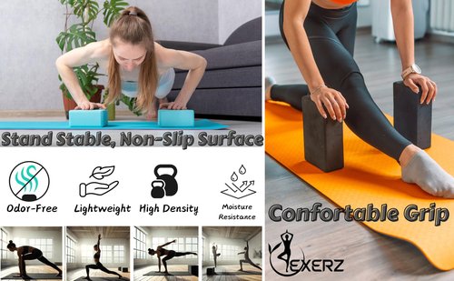 EXERZ Yoga Blocks 2 pack, Gym Blocks, Exercise Workout Fitness Bricks, Pilates Stretch Handstand Non-Slip (Black 2pcs)