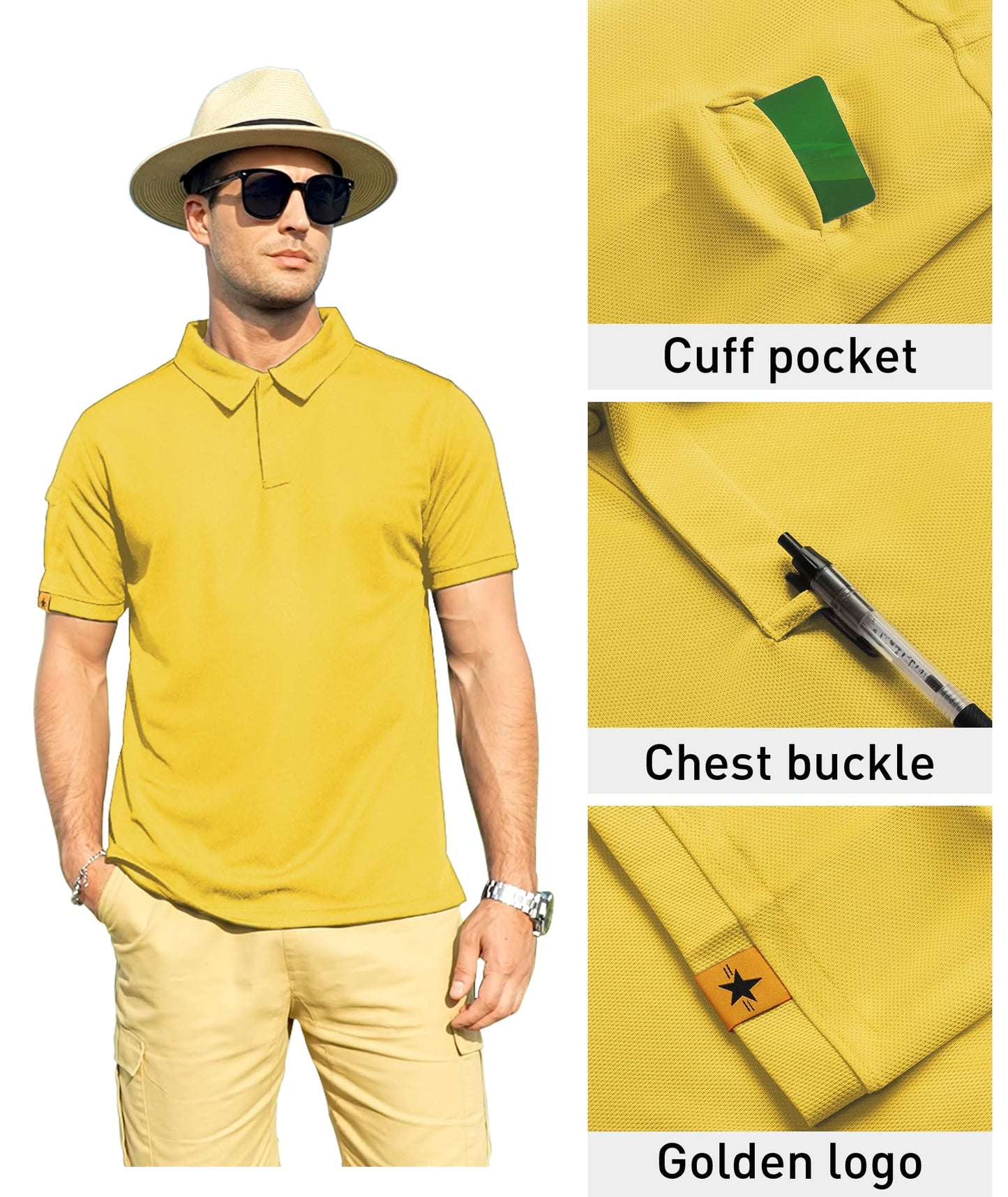 ZITY Mens Polo Shirt Short Sleeve Sports Tactical T-Shirt Athletic Golf Polos Daily Casual Stylish Collared Shirts for Men Pale Yellow 5X-Large