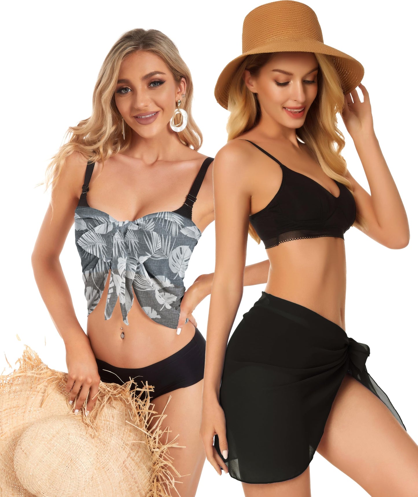 2 Pieces Sarong Cover Ups for Women Beach Bathing Suit Wrap Sheer Short Skirt Bikini Chiffon Scarf for Swimwear (Black and Grey Leaf)