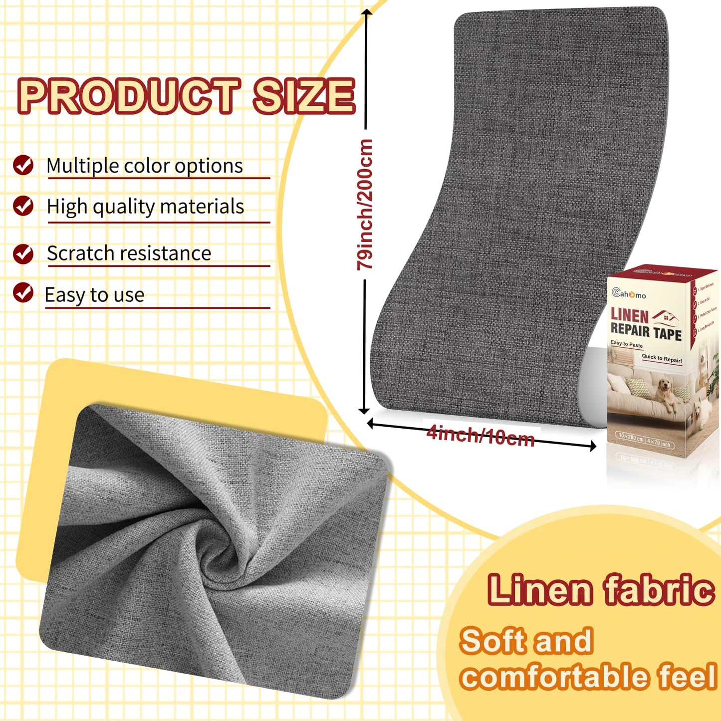 Cahomo Linen Repair Tape 4x79 inch, Self Adhesive Linen Fabric Tape, Linen Fabric Patch Tape Kit, Fabric Repair Tape for Sofas, Headboards, Chairs, Curtains - Dark Grey