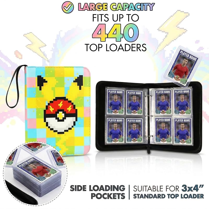 Yellow Pixel 4-Pocket Card Binder with 440 Pockets, 55 Removable Pages, 3-Ring Zipper - Includes Top-Loading Sleeves