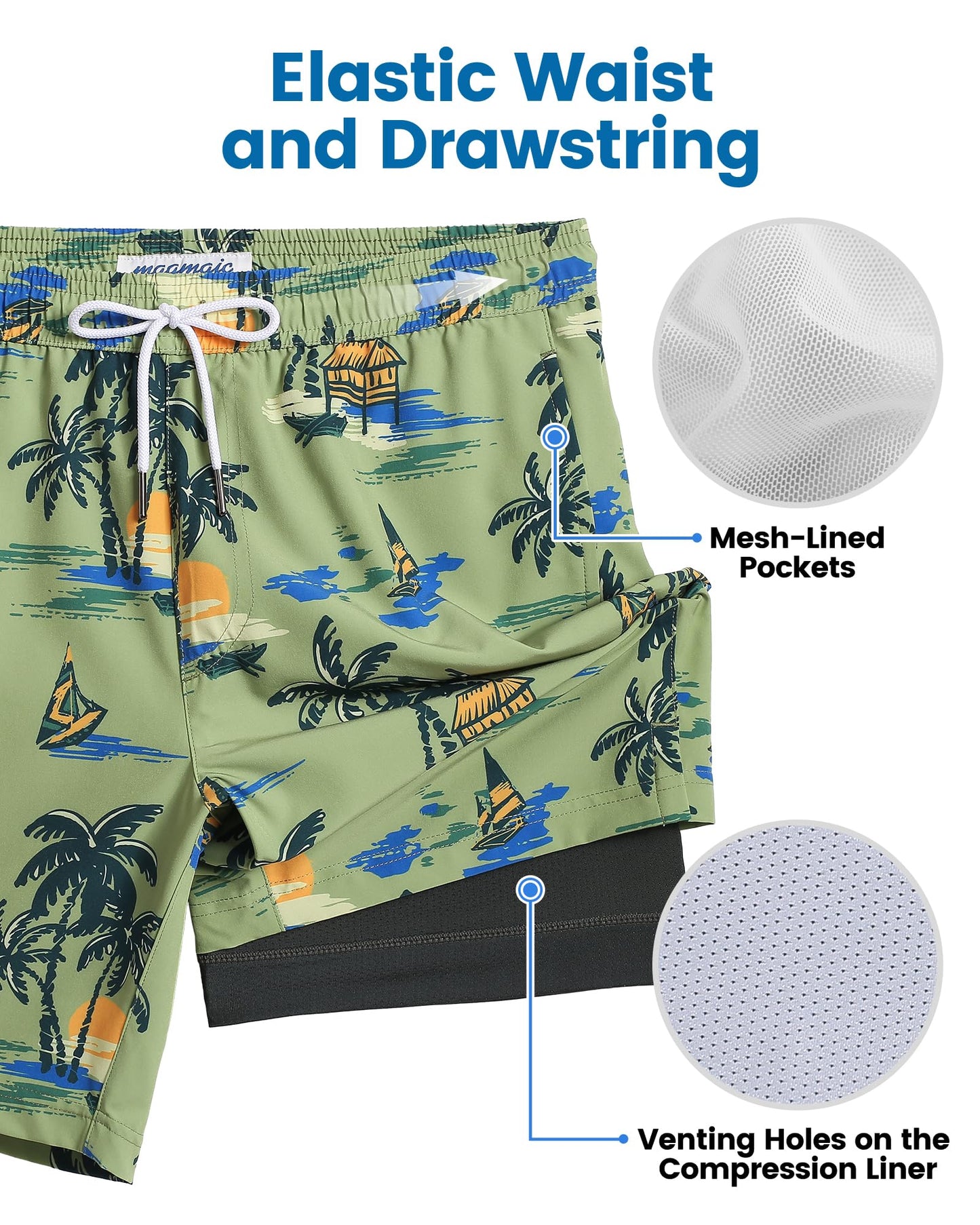 maamgic Mens Swim Trunks with Compression Liner 7 Inch Inseam Mens Bathing Suit Quick Dry Swimming Trunks Swimsuit Plamtree Green X-Large