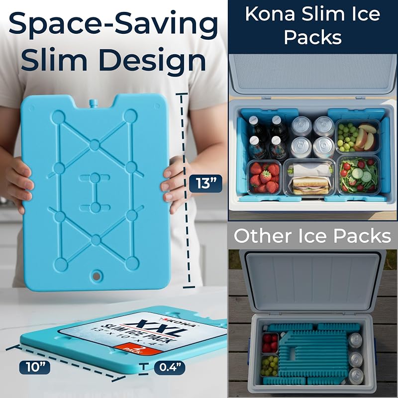 Kona XXL Ice Packs 4-Pack 13x10in - Reusable Slim Freezer Packs, Fast Freeze (-5°C)